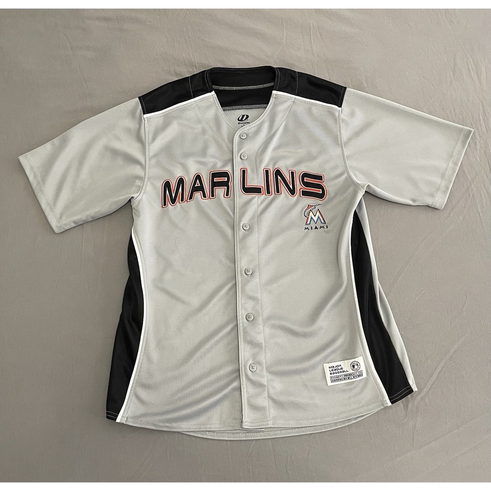 Dynasty Miami Marlins MLB Baseball Jersey Mens Large Grey Black Button Up Mesh